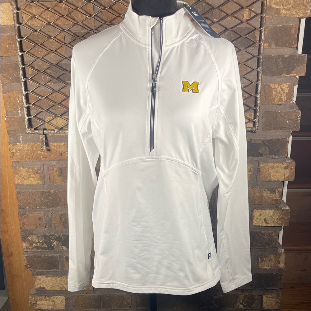 Cutter & Buck White Half -Zip Athletic Adapt Eco Knit University of Michigan